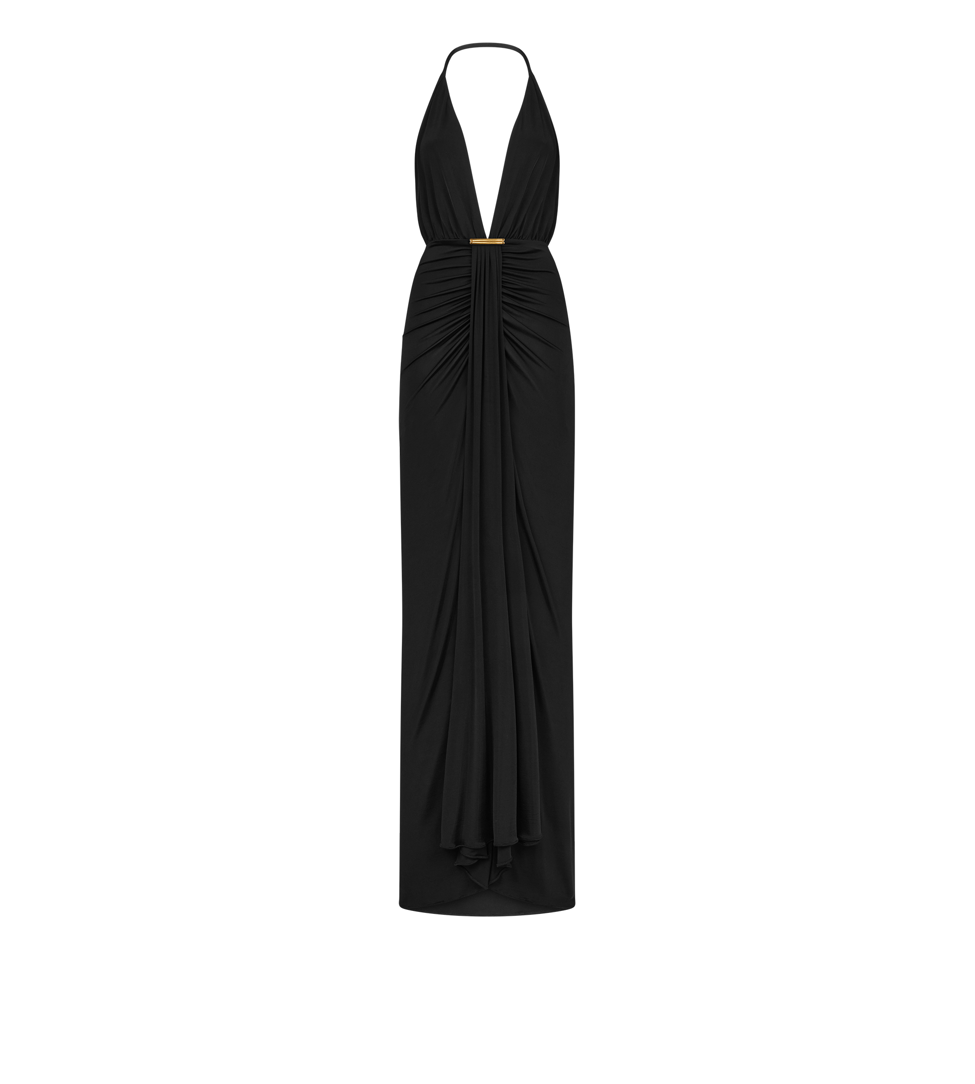 V-NECK EVENING DRESS WITH DRAPED WATERFALL DETAIL