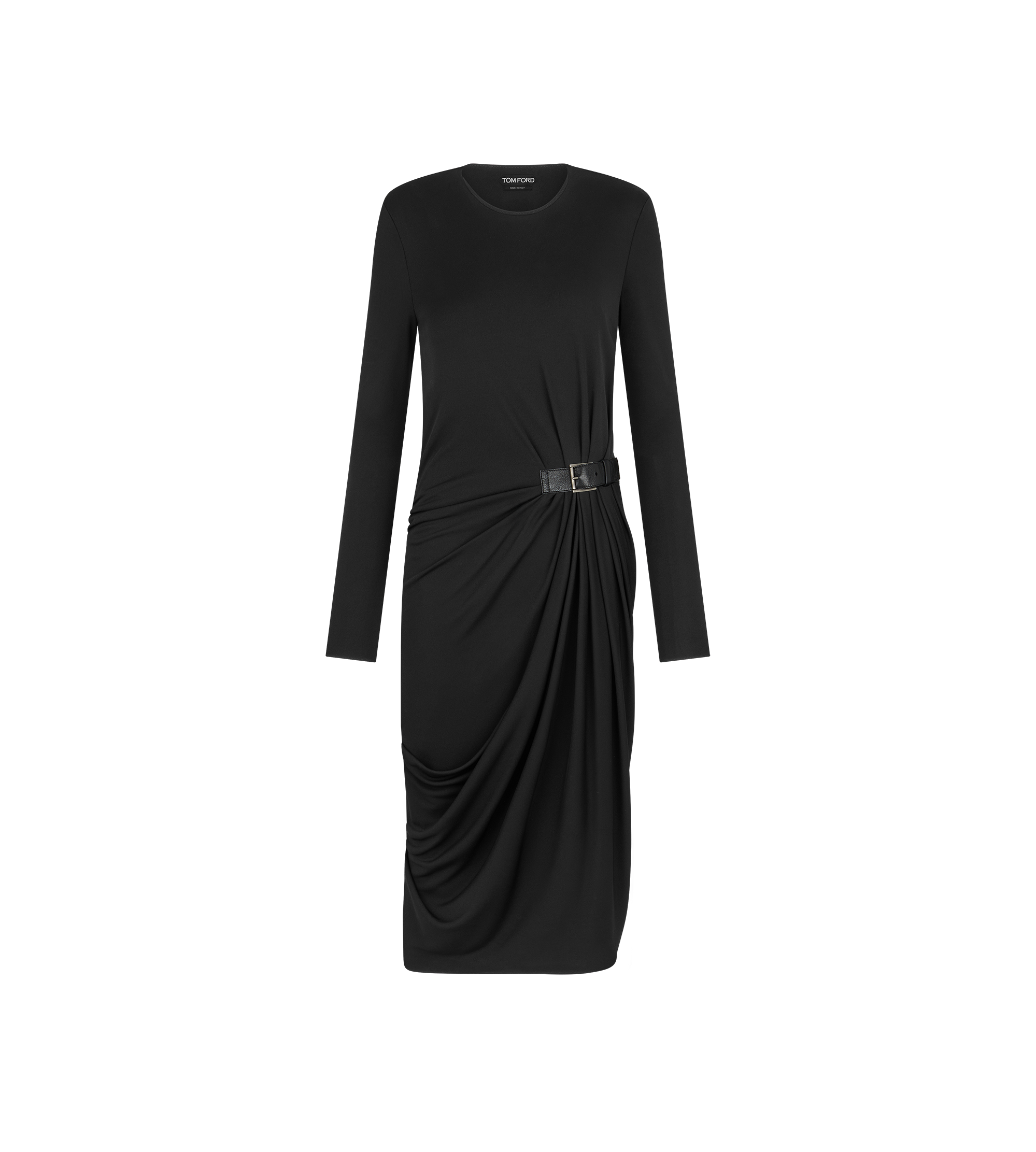 CREPE JERSEY LONG SLEEVE DRESS WITH LEATHER DETAIL