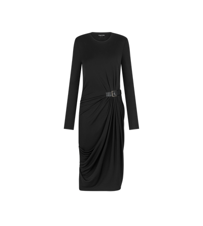 CREPE JERSEY LONG SLEEVE DRESS WITH LEATHER DETAIL