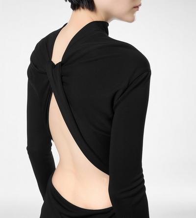 LONG SLEEVE ASYMMETRIC EVENING DRESS WITH TWISTED BACK image number 1