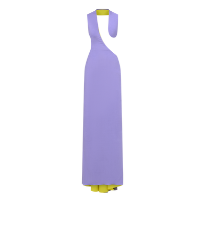TOM FORD VISCOSE BLEND BRIGHT LILAC + CITRON IMPOSSIBLE ASYMMETRIC BACKLESS EVENING DRESS