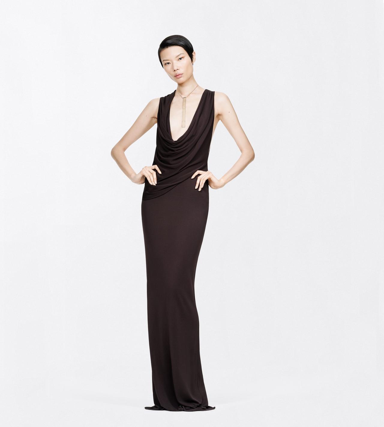 TOM FORD VISCOSE ESPRESSO CREPE JERSEY ASYMMETRIC DRAPED EVENING DRESS