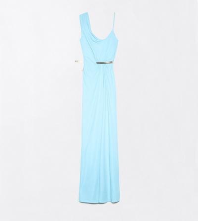 TOM FORD VISCOSE AQUA BLUE CREPE JERSEY ASYMMETRIC DRAPED EVENING DRESS