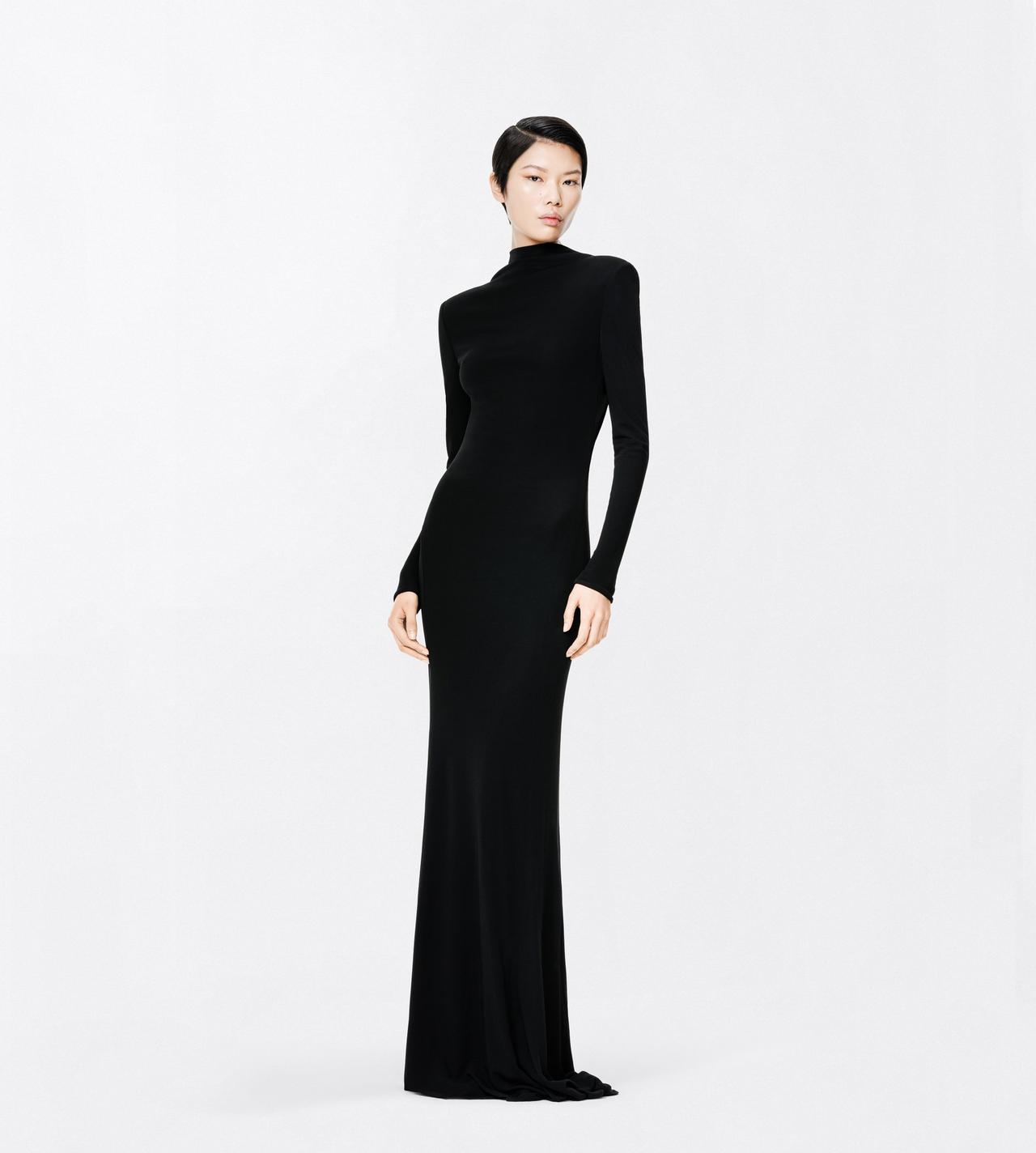 TOM FORD VISCOSE BLACK CREPE JERSEY LONG SLEEVE EVENING DRESS WITH CUT-OUT