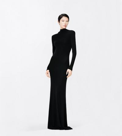 TOM FORD VISCOSE BLACK CREPE JERSEY LONG SLEEVE EVENING DRESS WITH CUT-OUT
