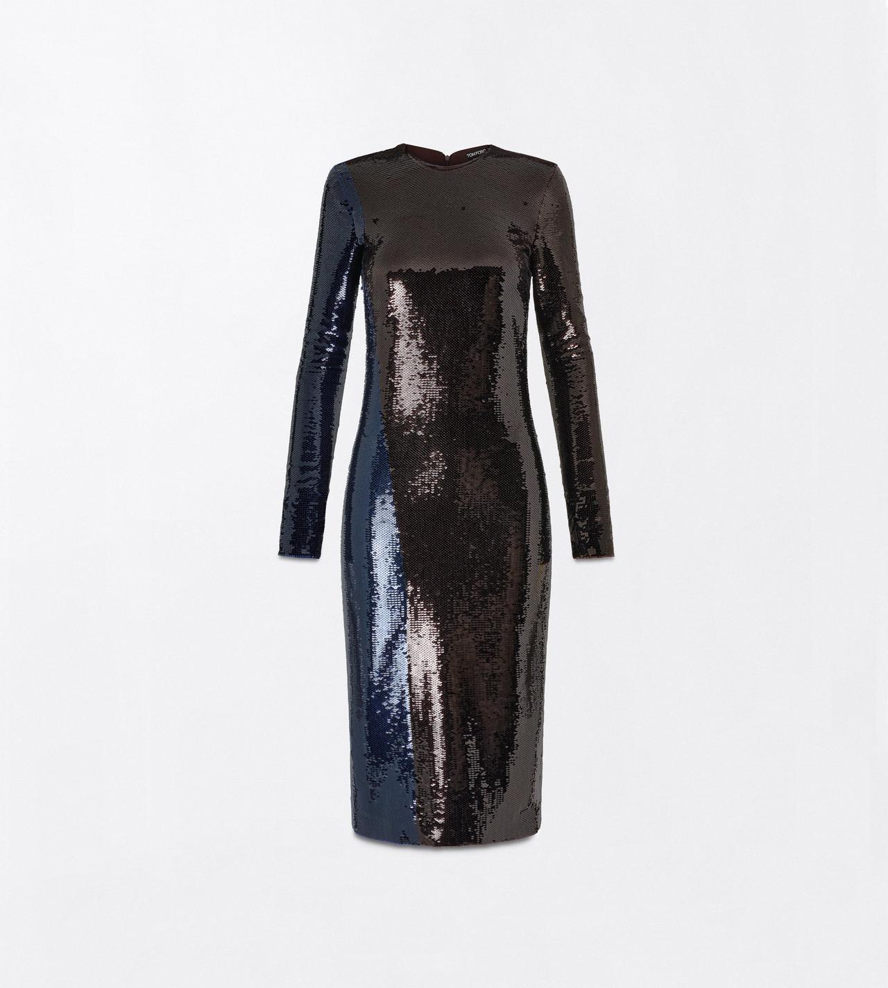 TOM FORD EMBROIDERY ROYAL BLUE + BROWN PAILLETTES EMBROIDERY LONG SLEEVE COCKTAIL DRESS