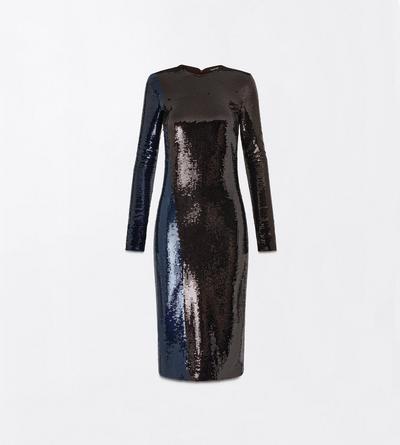 TOM FORD EMBROIDERY ROYAL BLUE + BROWN PAILLETTES EMBROIDERY LONG SLEEVE COCKTAIL DRESS