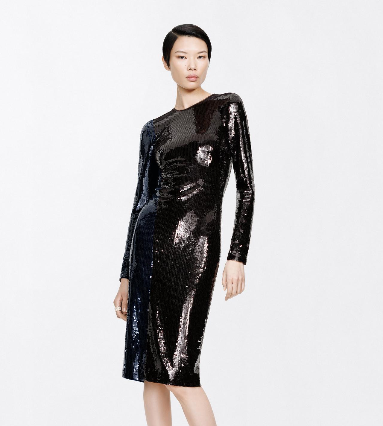 TOM FORD EMBROIDERY ROYAL BLUE + BROWN PAILLETTES EMBROIDERY LONG SLEEVE COCKTAIL DRESS