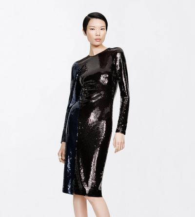 TOM FORD EMBROIDERY ROYAL BLUE + BROWN PAILLETTES EMBROIDERY LONG SLEEVE COCKTAIL DRESS