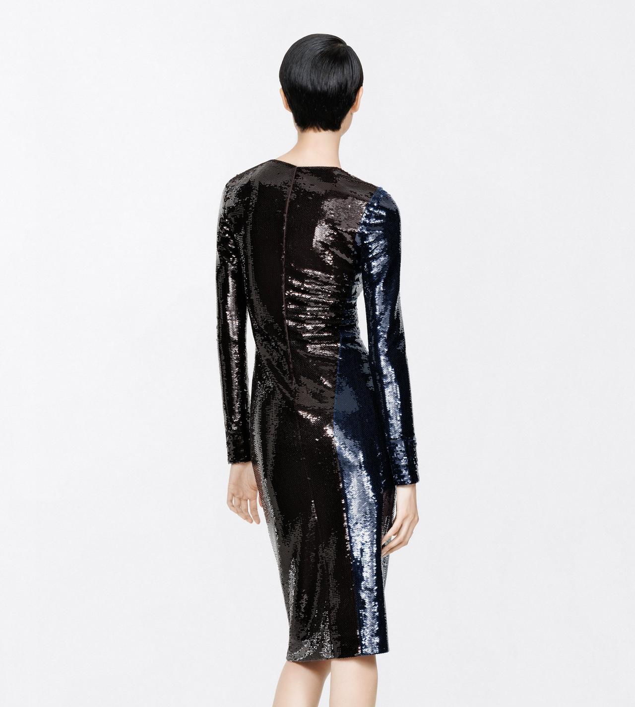 TOM FORD EMBROIDERY ROYAL BLUE + BROWN PAILLETTES EMBROIDERY LONG SLEEVE COCKTAIL DRESS
