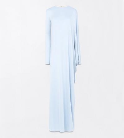 TOM FORD CUPRO ICE BLUE WASHED JERSEY ASYMMETRIC EVENING DRESS WITH OPEN BACK