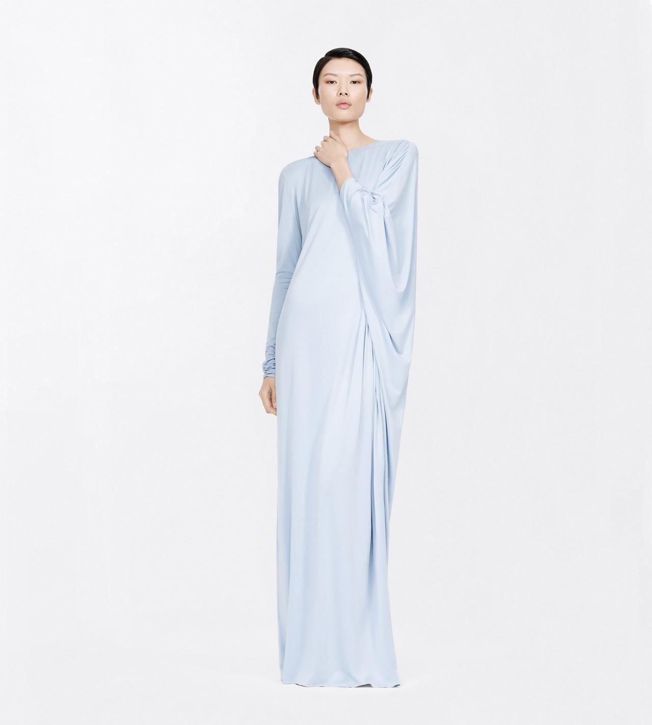 TOM FORD CUPRO ICE BLUE WASHED JERSEY ASYMMETRIC EVENING DRESS WITH OPEN BACK