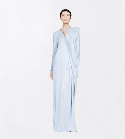 TOM FORD CUPRO ICE BLUE WASHED JERSEY ASYMMETRIC EVENING DRESS WITH OPEN BACK