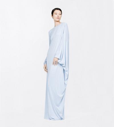 TOM FORD CUPRO ICE BLUE WASHED JERSEY ASYMMETRIC EVENING DRESS WITH OPEN BACK