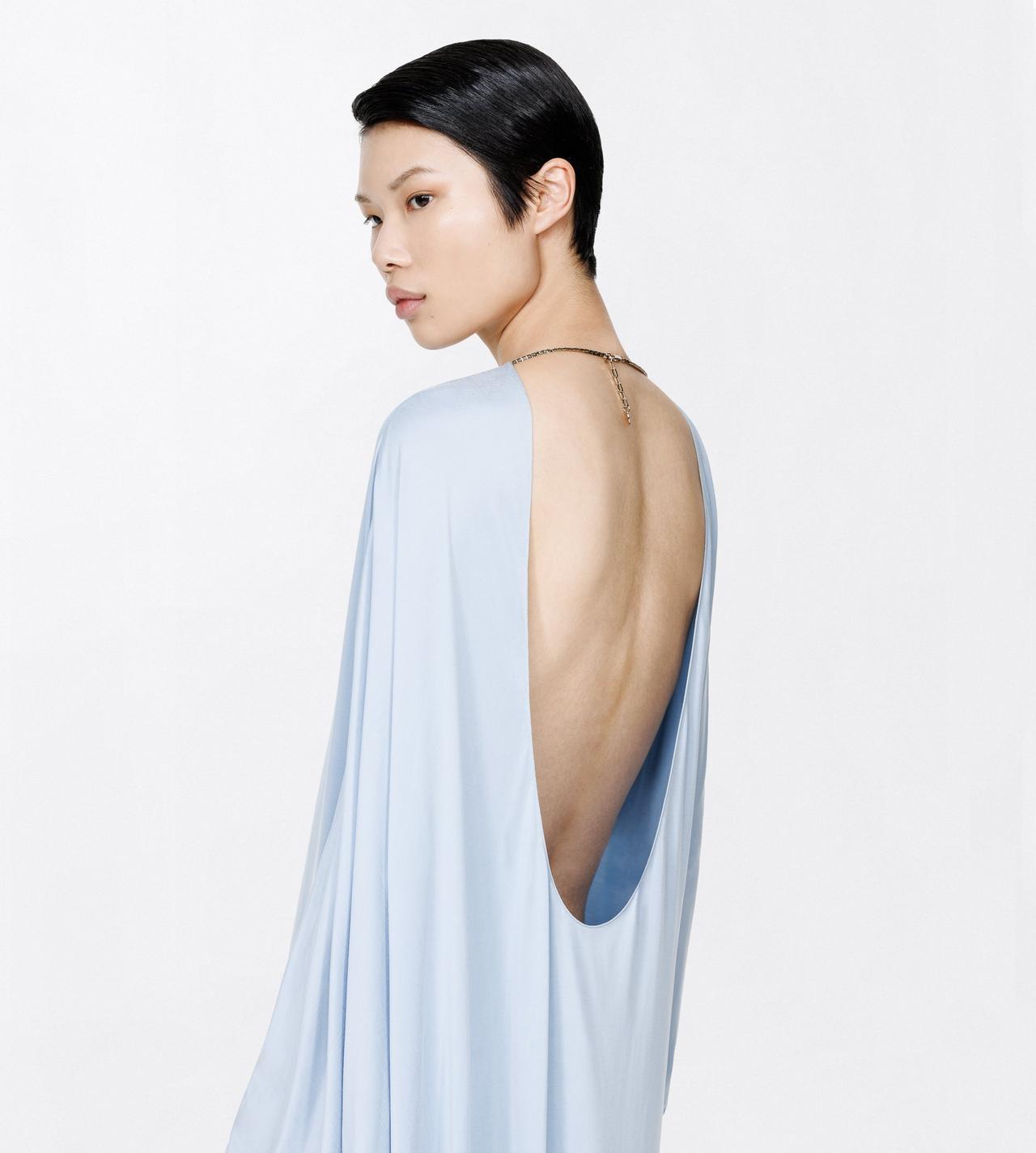 TOM FORD CUPRO ICE BLUE WASHED JERSEY ASYMMETRIC EVENING DRESS WITH OPEN BACK