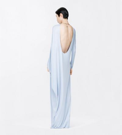 TOM FORD CUPRO ICE BLUE WASHED JERSEY ASYMMETRIC EVENING DRESS WITH OPEN BACK