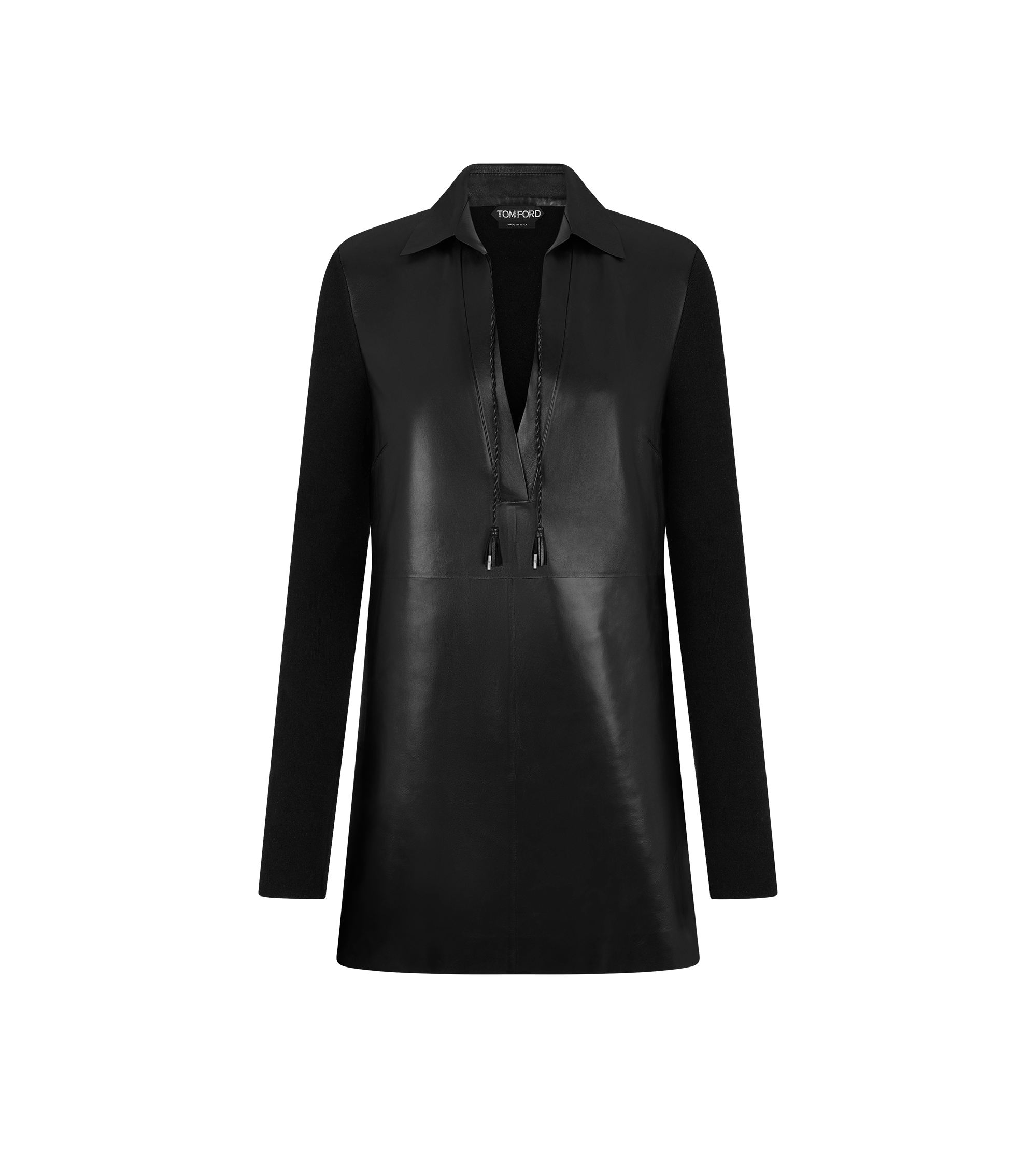 LEATHER AND WOOL BLEND KNIT POLO MINI DRESS