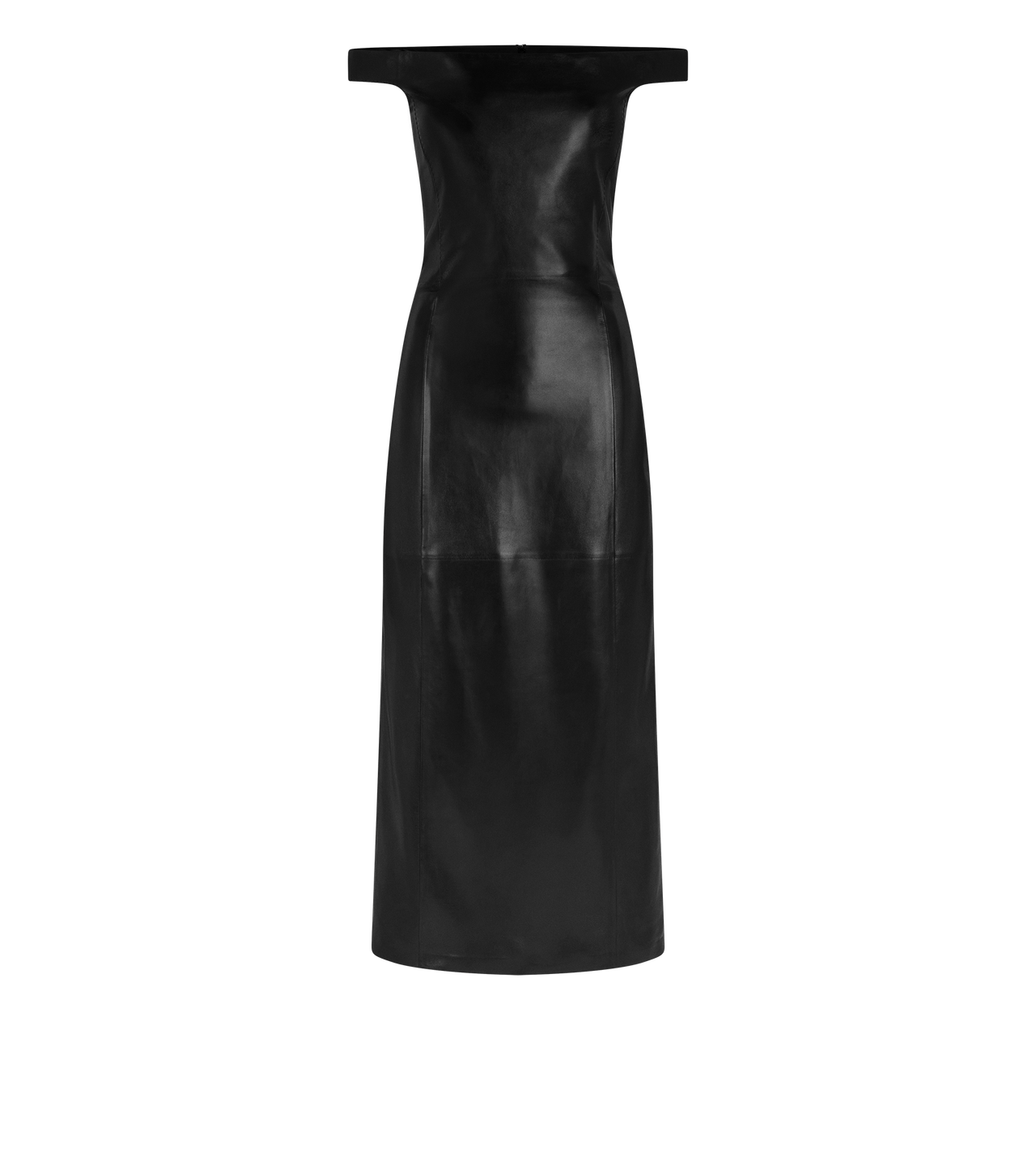 TOM FORD LEATHER BLACK OFF THE SHOULDER SILKY GUANTERIA LEATHER DRESS