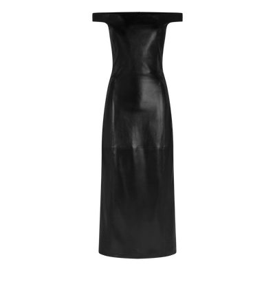 TOM FORD LEATHER BLACK OFF THE SHOULDER SILKY GUANTERIA LEATHER DRESS
