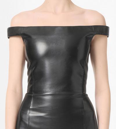 TOM FORD LEATHER BLACK OFF THE SHOULDER SILKY GUANTERIA LEATHER DRESS