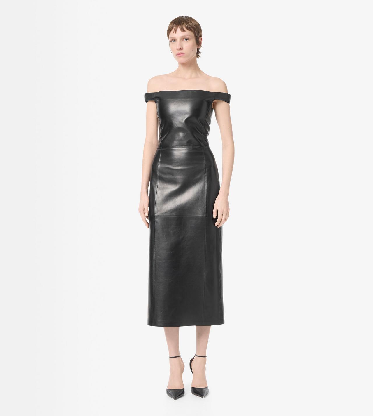 TOM FORD LEATHER BLACK OFF THE SHOULDER SILKY GUANTERIA LEATHER DRESS