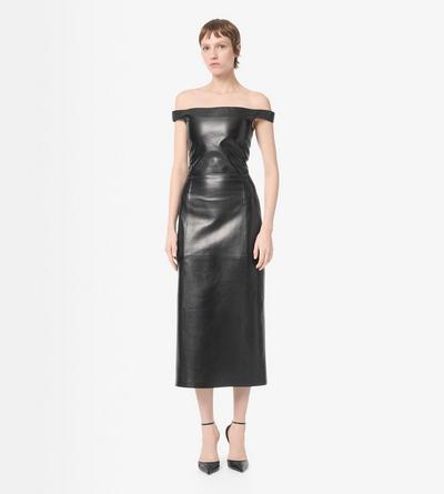 TOM FORD LEATHER BLACK OFF THE SHOULDER SILKY GUANTERIA LEATHER DRESS