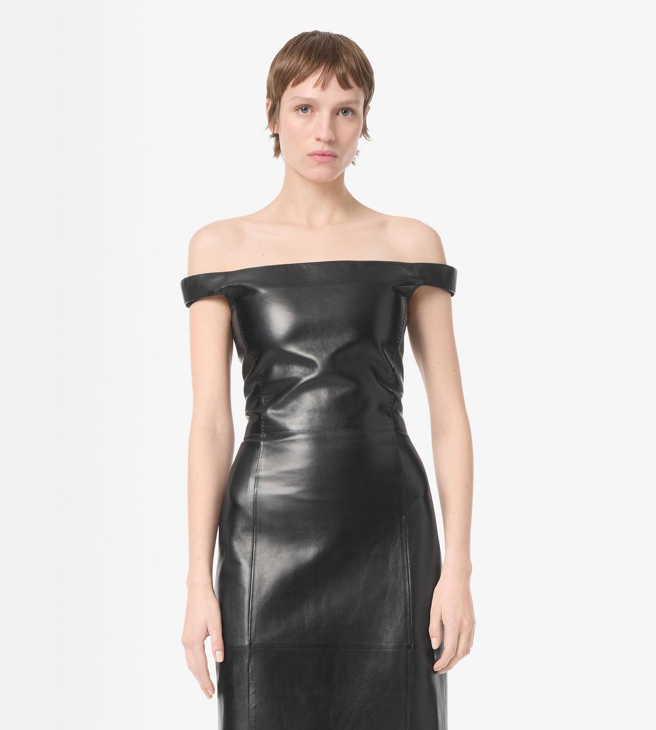 TOM FORD LEATHER BLACK OFF THE SHOULDER SILKY GUANTERIA LEATHER DRESS
