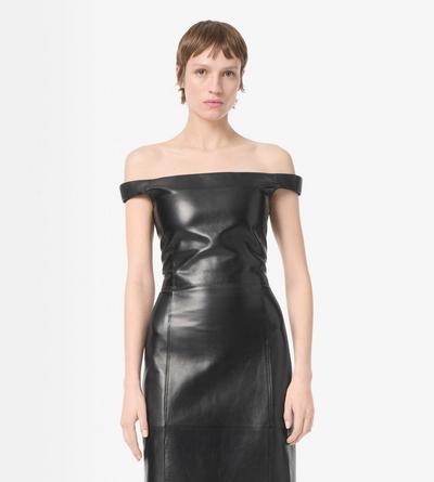 TOM FORD LEATHER BLACK OFF THE SHOULDER SILKY GUANTERIA LEATHER DRESS