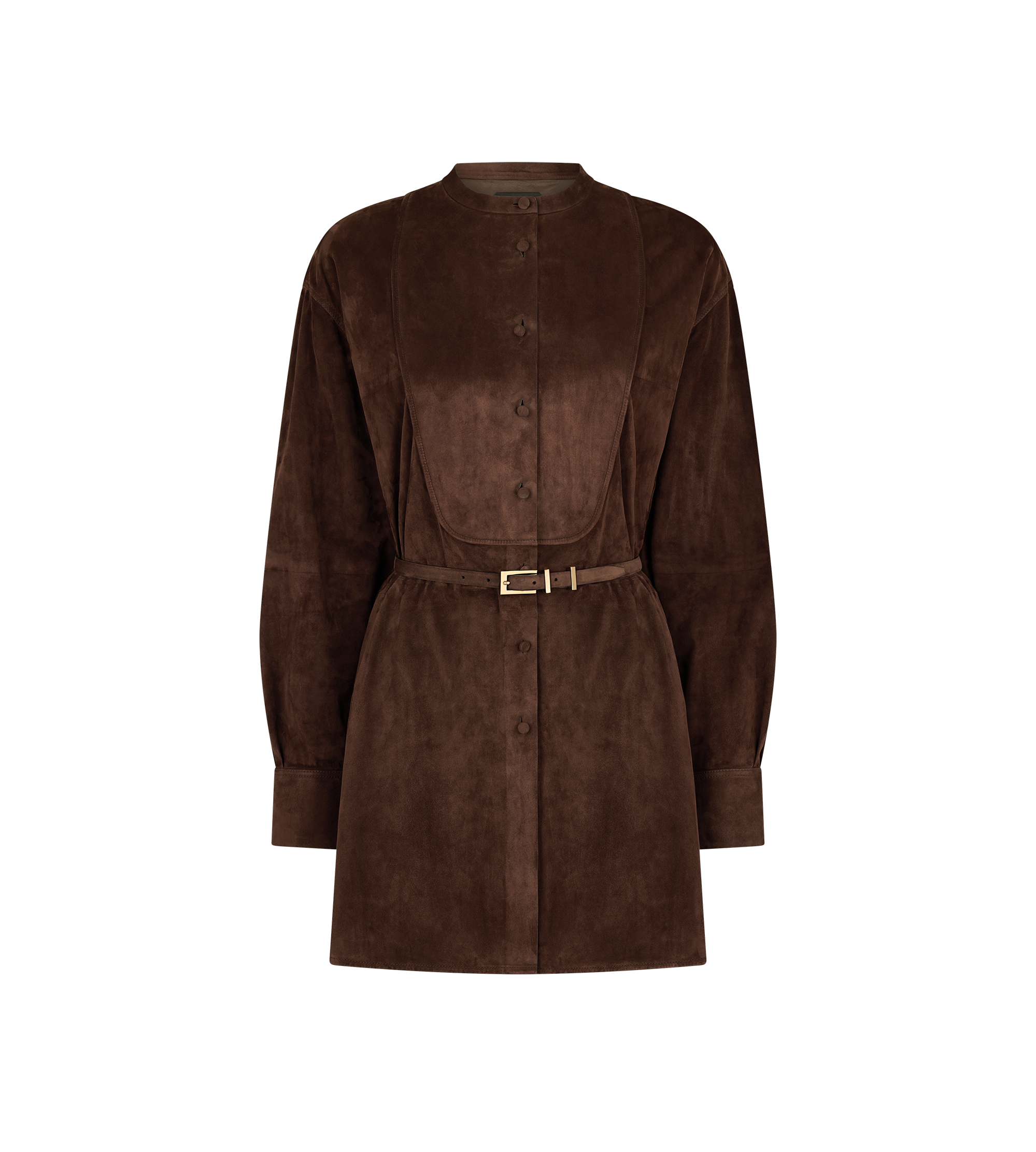 FULL GRAIN LAMB SUEDE BELTED PLASTRON MINI SHIRT DRESS