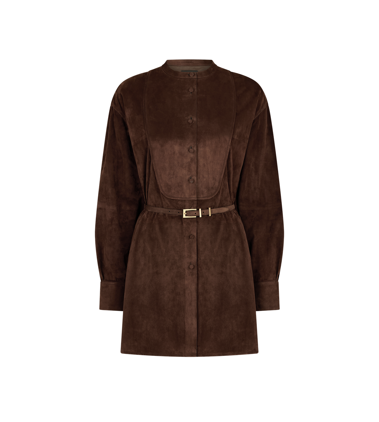 FULL GRAIN LAMB SUEDE BELTED PLASTRON MINI SHIRT DRESS image number 0