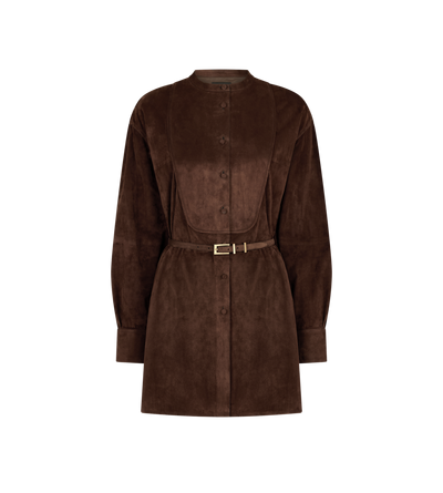 FULL GRAIN LAMB SUEDE BELTED PLASTRON MINI SHIRT DRESS image number 0