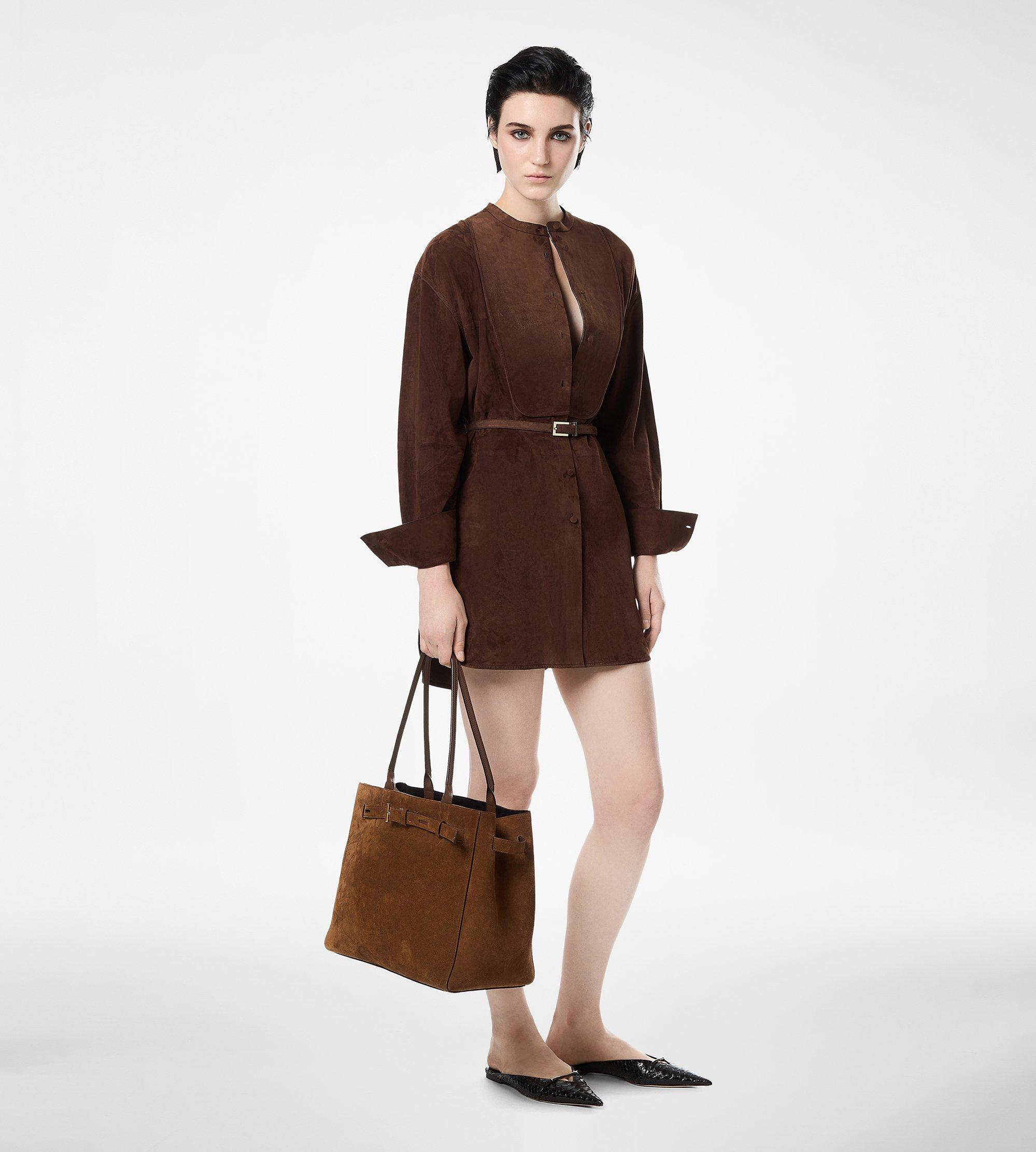 FULL GRAIN LAMB SUEDE BELTED PLASTRON MINI SHIRT DRESS