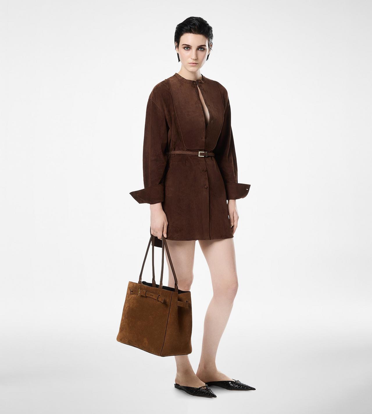 FULL GRAIN LAMB SUEDE BELTED PLASTRON MINI SHIRT DRESS image number 2