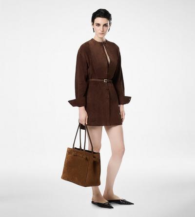 FULL GRAIN LAMB SUEDE BELTED PLASTRON MINI SHIRT DRESS image number 2