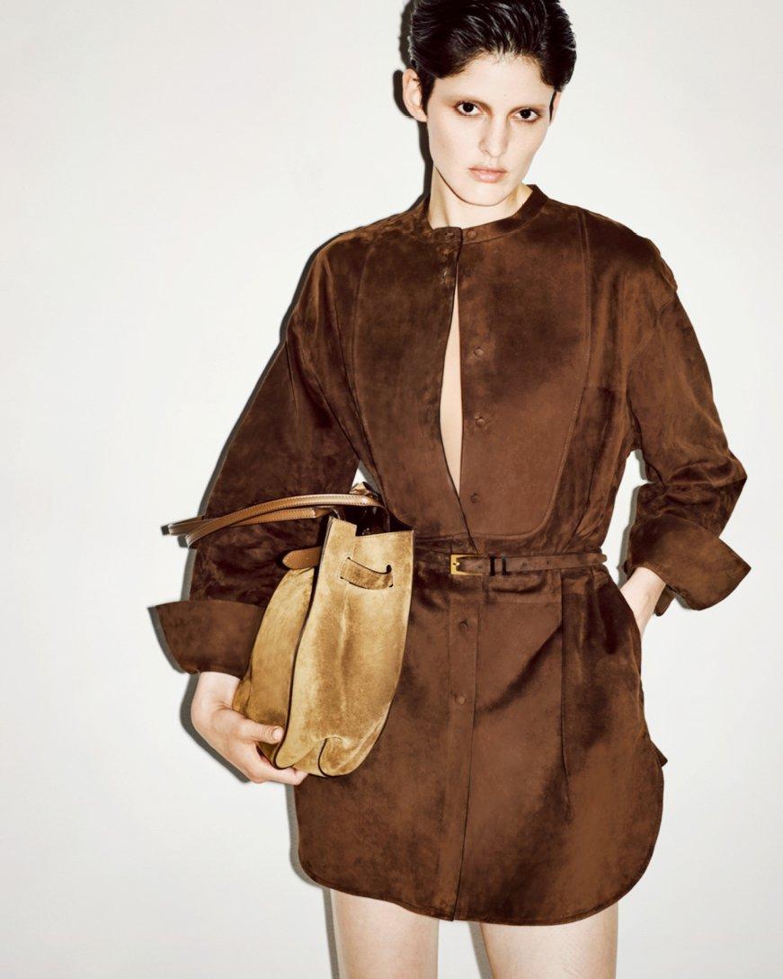 FULL GRAIN LAMB SUEDE BELTED PLASTRON MINI SHIRT DRESS | TOM FORD