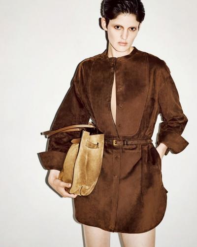 FULL GRAIN LAMB SUEDE BELTED PLASTRON MINI SHIRT DRESS image number 4