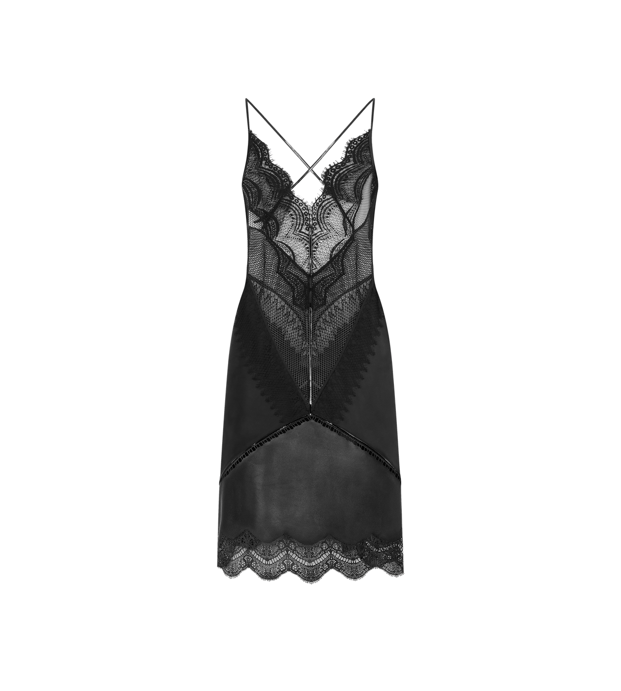 TOM FORD LEATHER BLACK LEATHER AND LACE SLIP DRESS