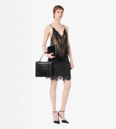TOM FORD LEATHER BLACK LEATHER AND LACE SLIP DRESS
