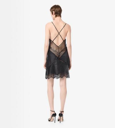TOM FORD LEATHER BLACK LEATHER AND LACE SLIP DRESS