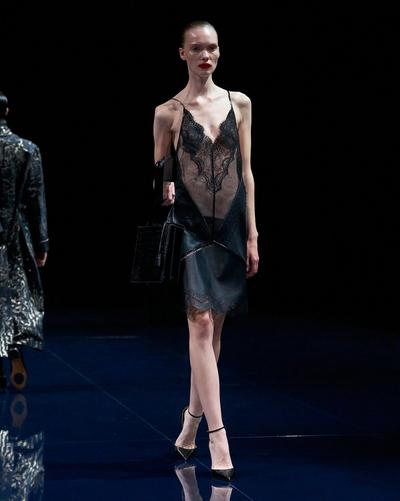TOM FORD LEATHER BLACK LEATHER AND LACE SLIP DRESS