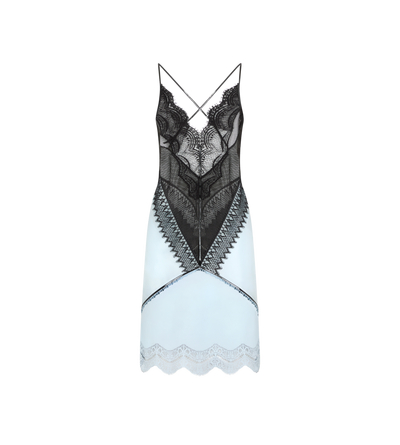 TOM FORD LEATHER BABY BLUE & BLACK LACE AND LEATHER SLIP DRESS