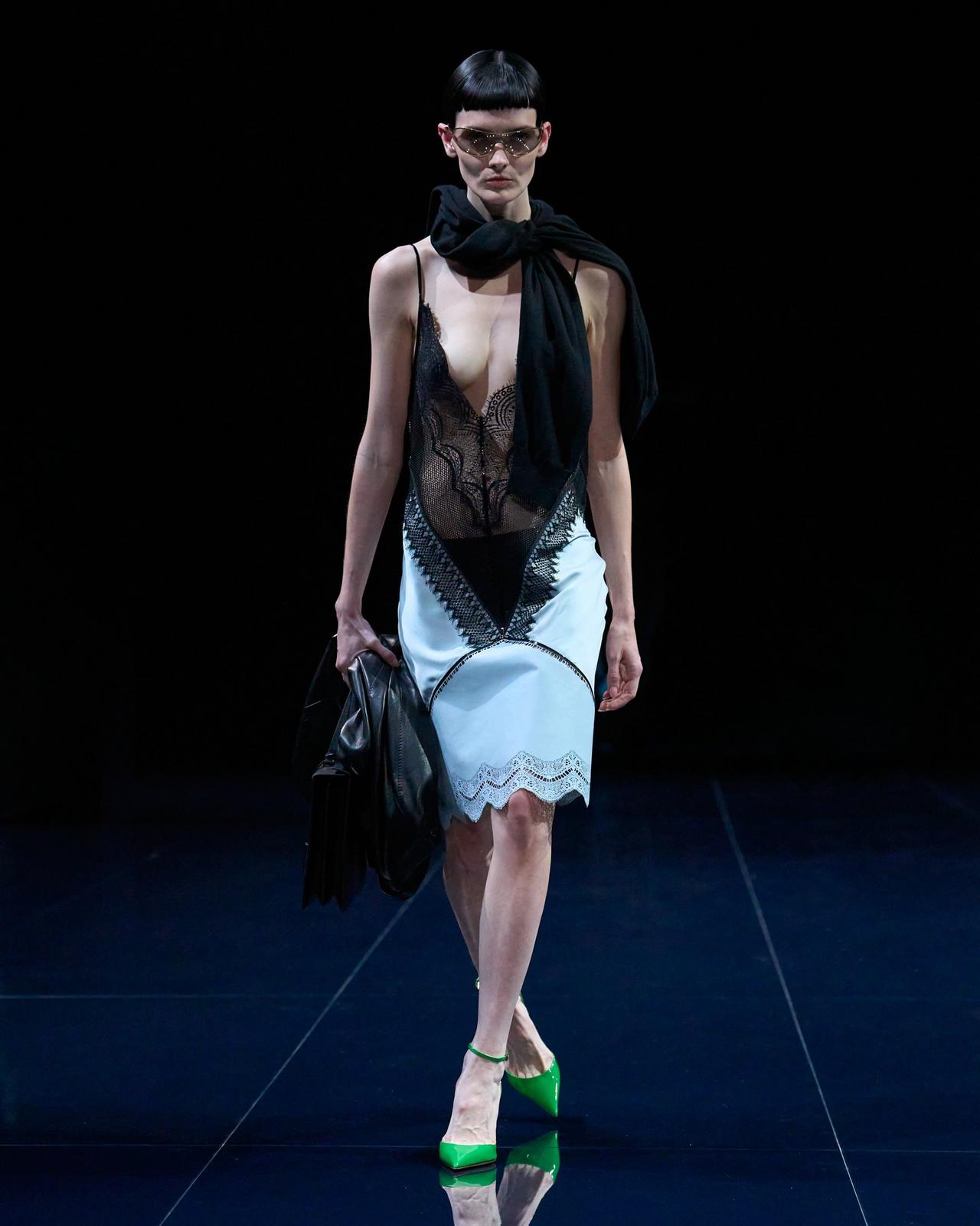 TOM FORD LEATHER BABY BLUE & BLACK LACE AND LEATHER SLIP DRESS