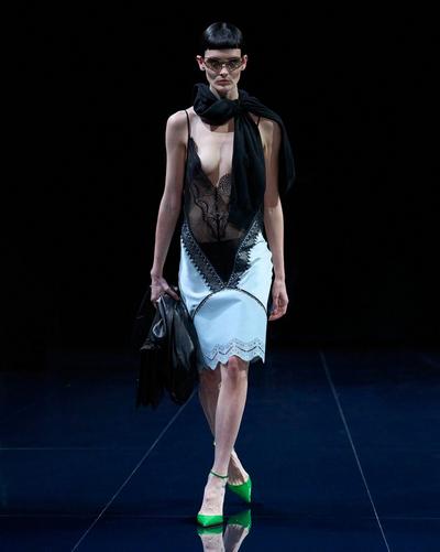 TOM FORD LEATHER BABY BLUE & BLACK LACE AND LEATHER SLIP DRESS