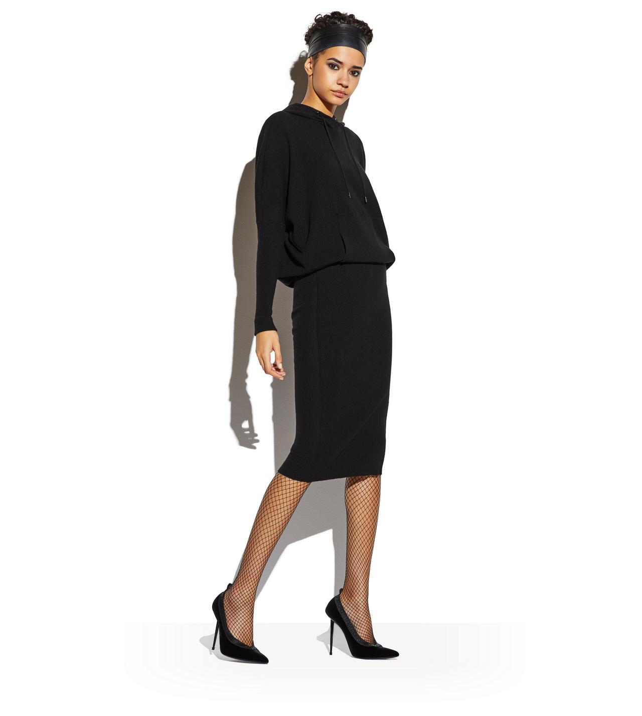 STRETCH CASHMERE RIB HOODED DRESS