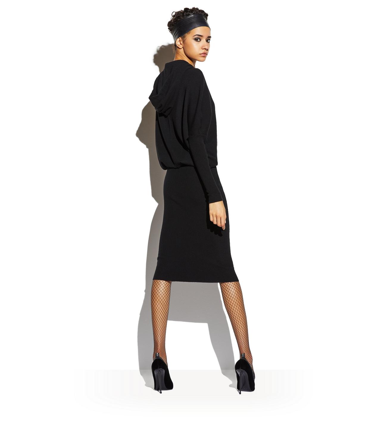 STRETCH CASHMERE RIB HOODED DRESS