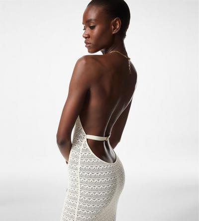 OPENWORK KNIT HALTERNECK EVENING DRESS image number 1