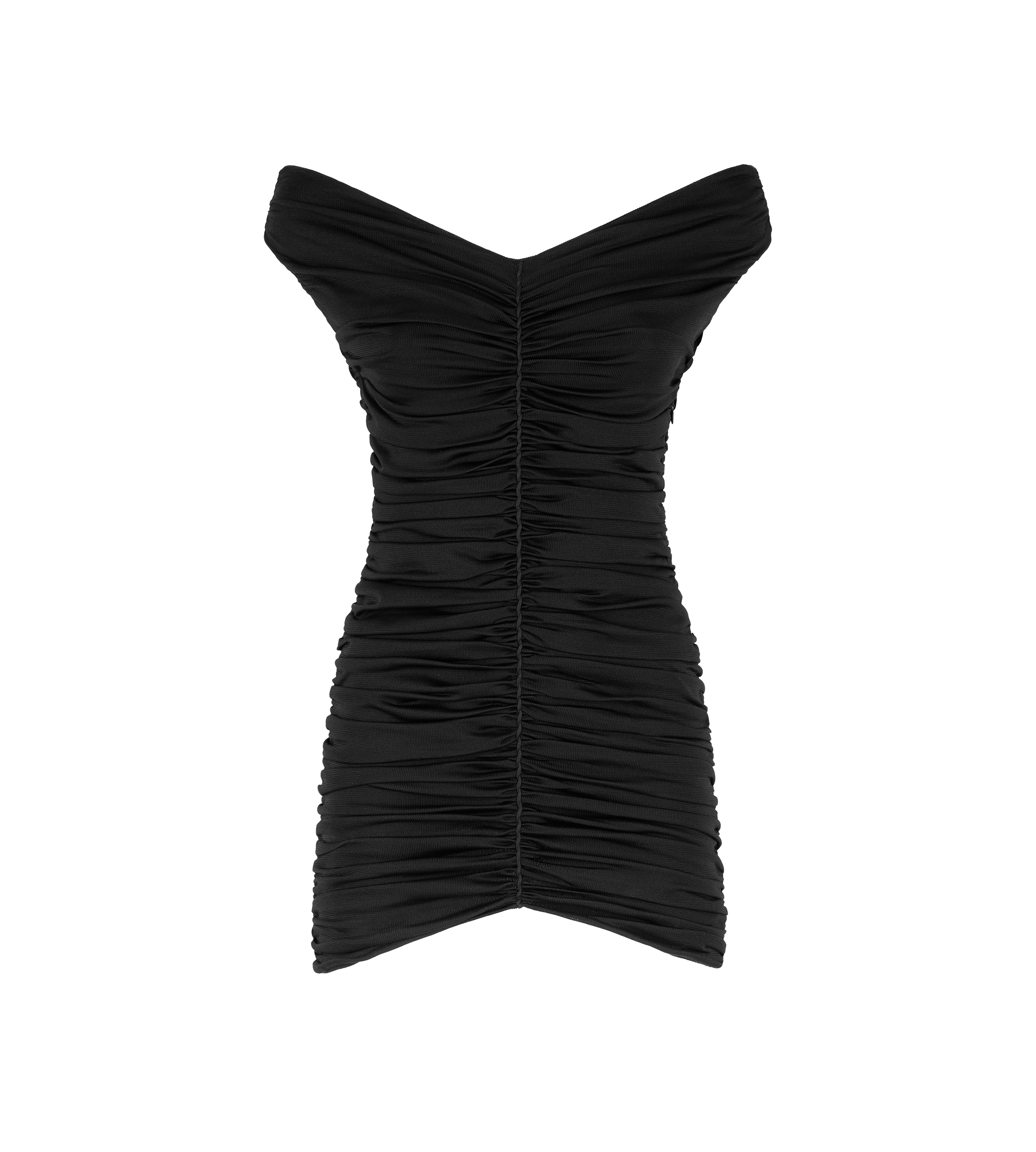 OFF THE SHOULDER GATHERED SILK MINI DRESS