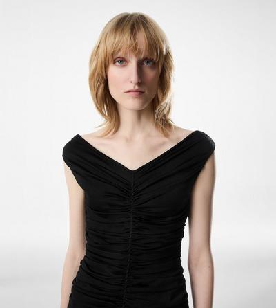 OFF THE SHOULDER GATHERED SILK MINI DRESS image number 1