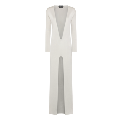 TOM FORD VISCOSE PLATINO ABITO DA SERA IN MAGLIA FINE CON SCOLLO PROFONDO E PARTE ANTERIORE ALTA