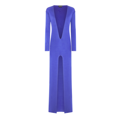 TOM FORD VISCOSE BRIGHT NAVY PLUNGE NECK FINE KNIT EVENING DRESS WITH HIGH FRONT